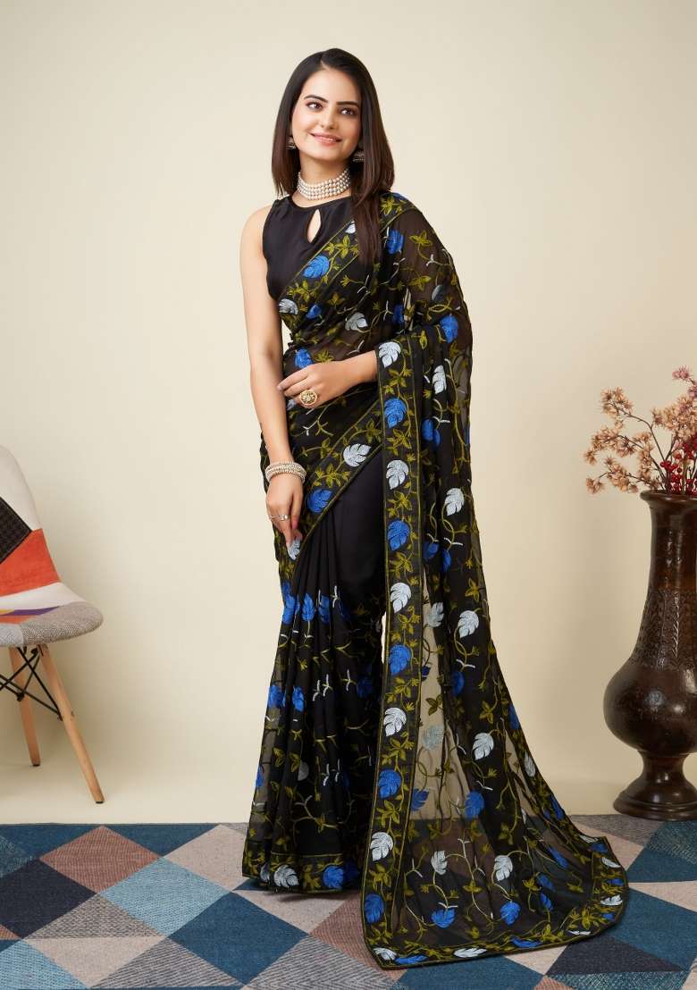 Black Embroidered Georgette Saree Set - Indya
