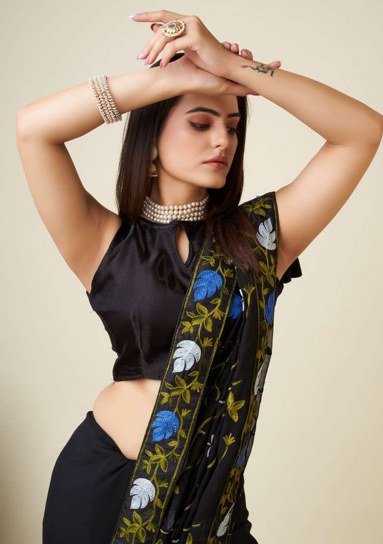 Black Embroidered Georgette Saree Set - Indya
