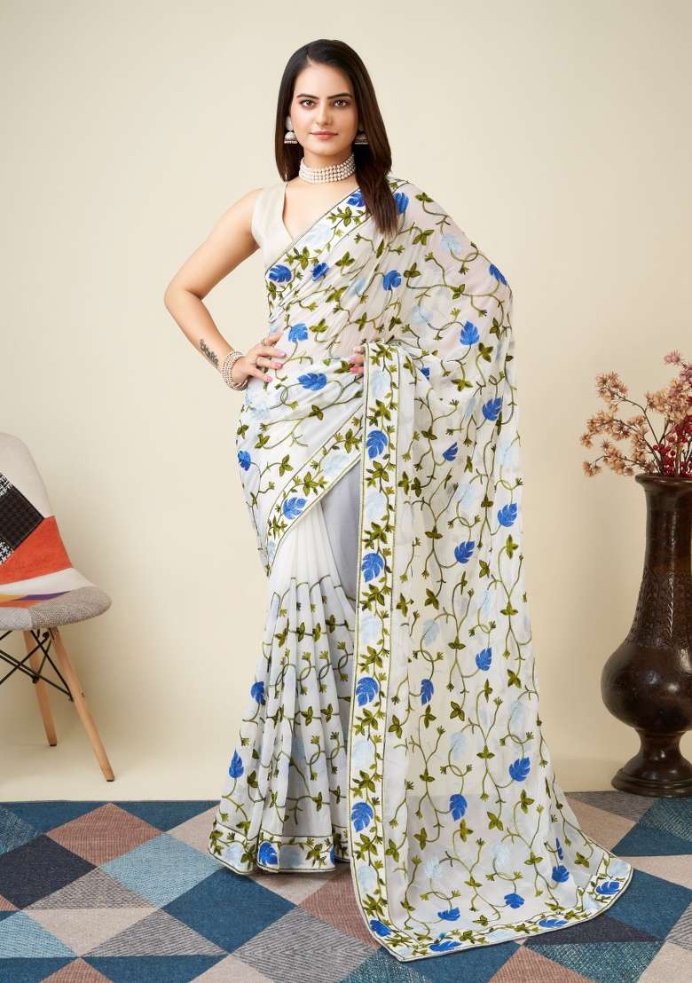 White Embroidered Georgette Saree Set - Indya