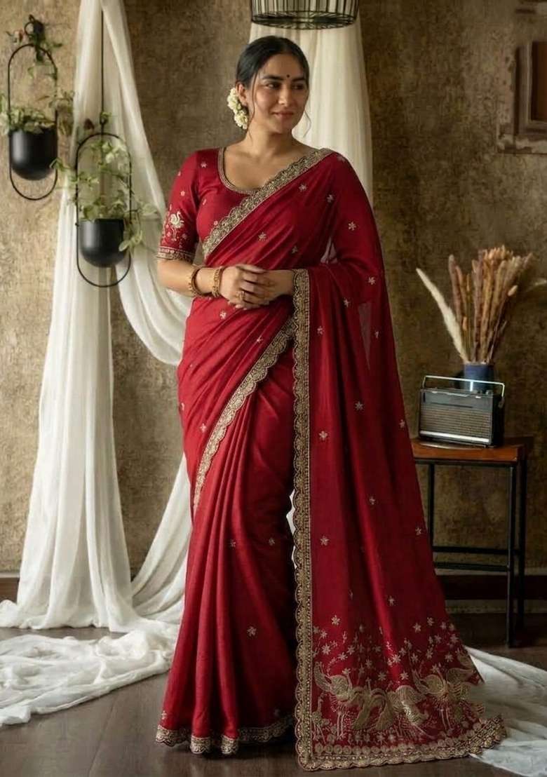 Maroon Embroidered Rangoli Saree Set - Indya