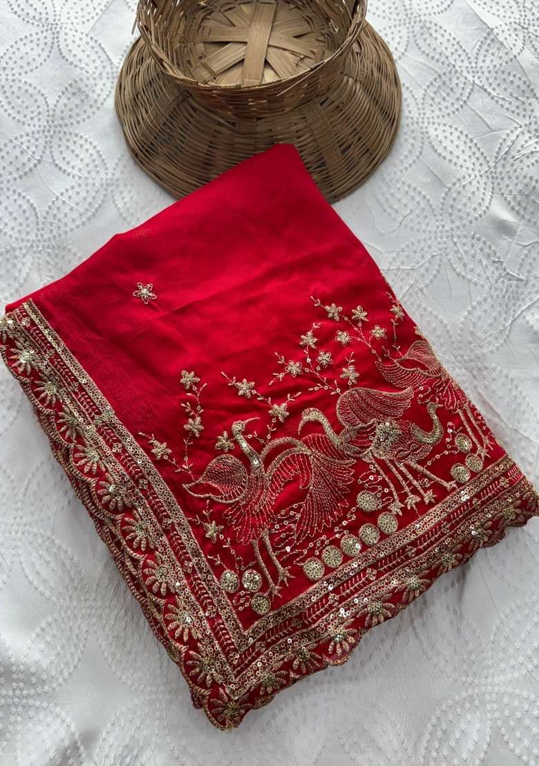 Maroon Embroidered Rangoli Saree Set - Indya