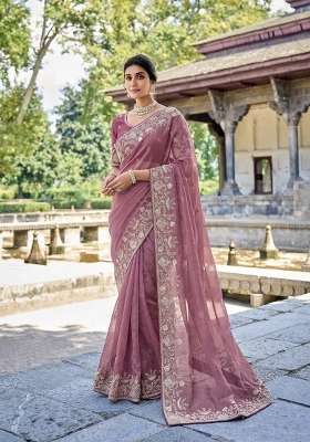 Peach Embroidered Silk Saree Set