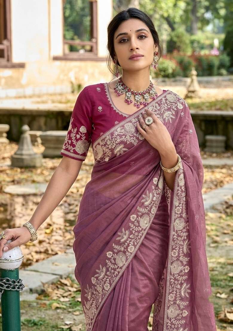 Peach Embroidered Silk Saree Set - Indya