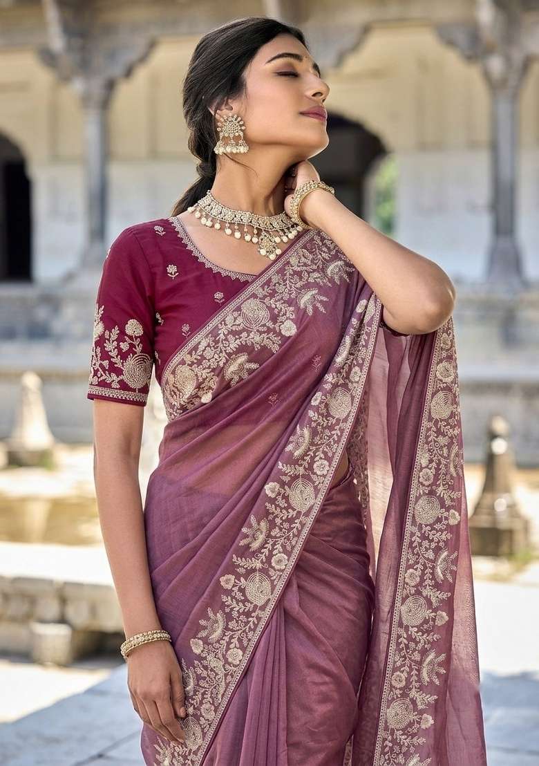 Peach Embroidered Silk Saree Set - Indya