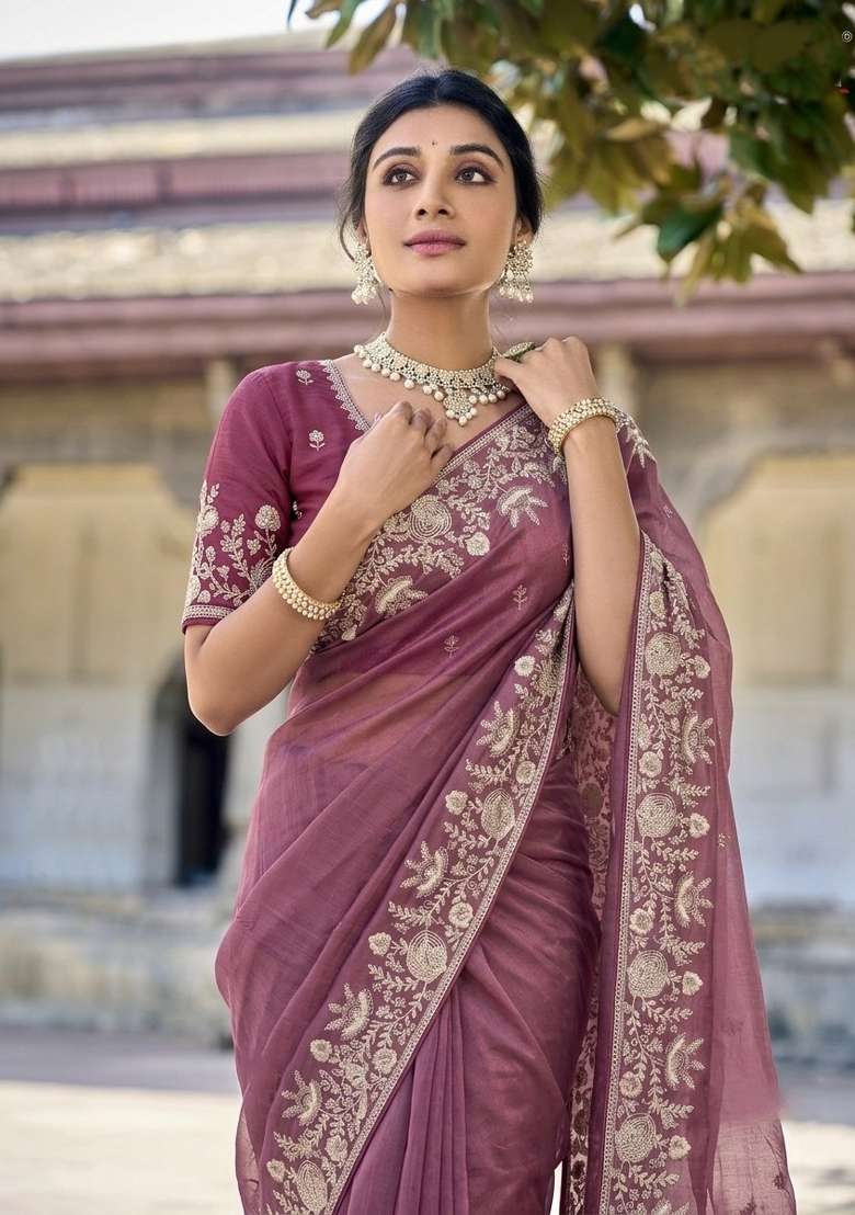Peach Embroidered Silk Saree Set - Indya