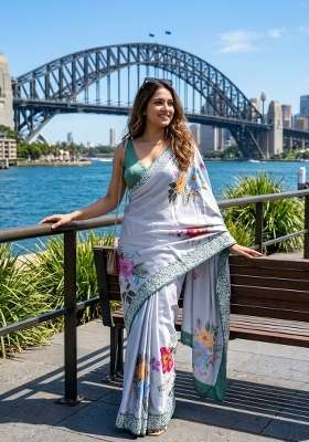 Multicolor Embroidered Satin Saree Set