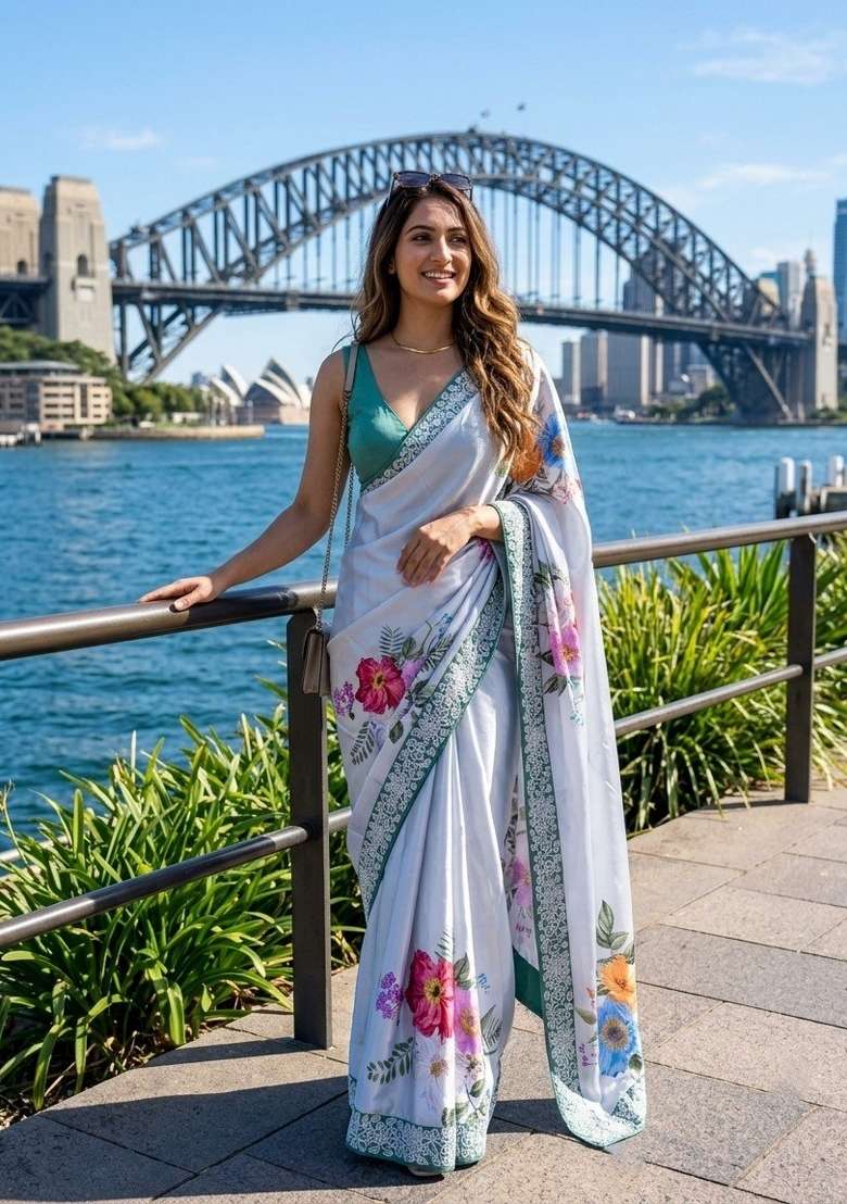 Multicolor Embroidered Satin Saree Set - Indya