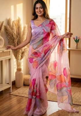 Purple Embroidered Silk Saree Set