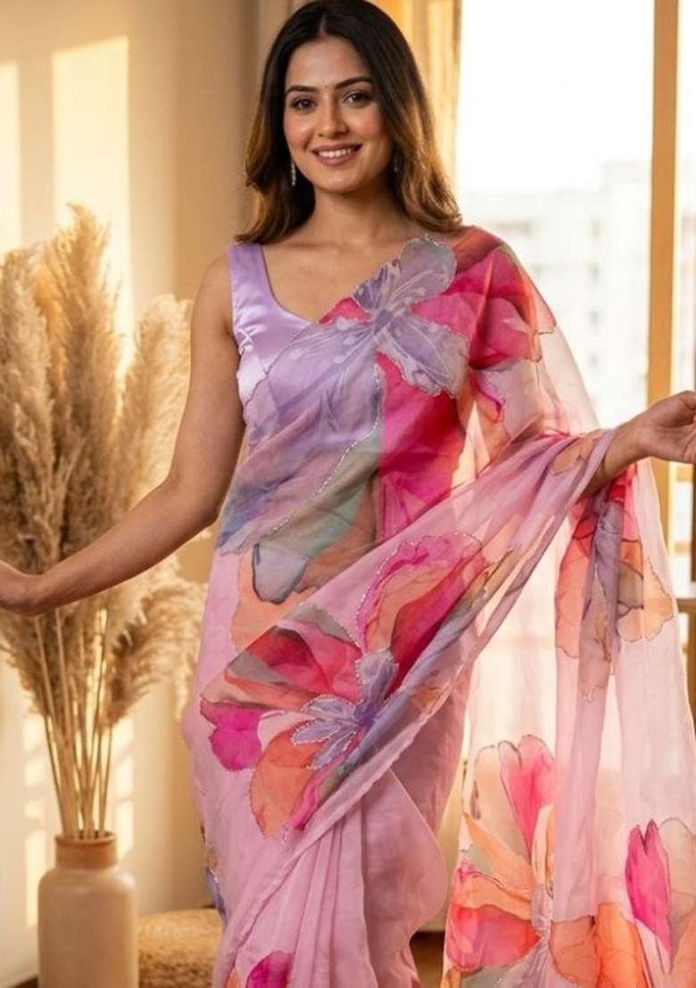 Purple Embroidered Silk Saree Set - Indya