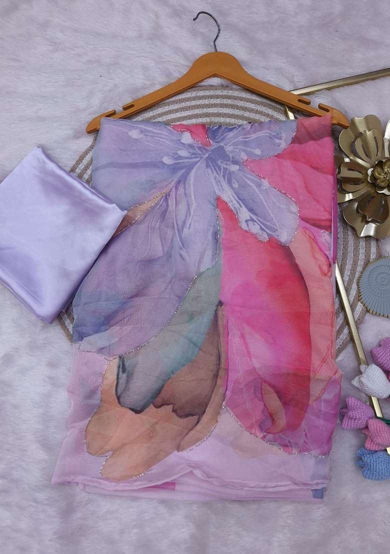 Purple Embroidered Silk Saree Set - Indya