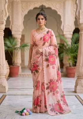 Peach Embroidered Silk Saree Set