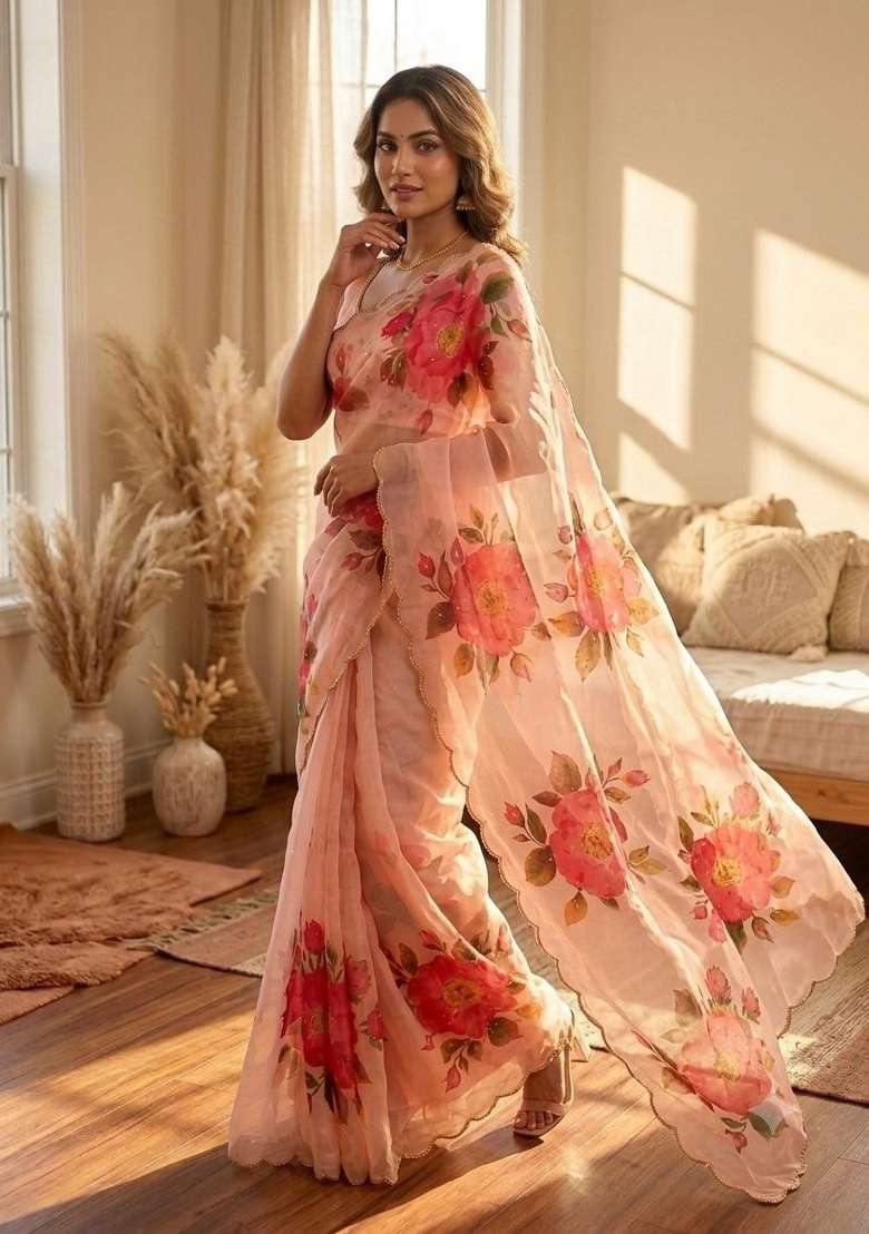 Peach Embroidered Silk Saree Set - Indya