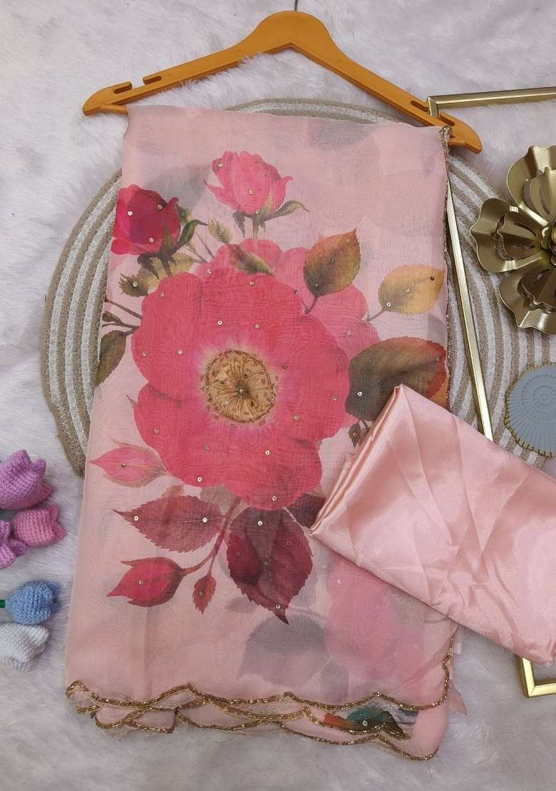 Peach Embroidered Silk Saree Set - Indya
