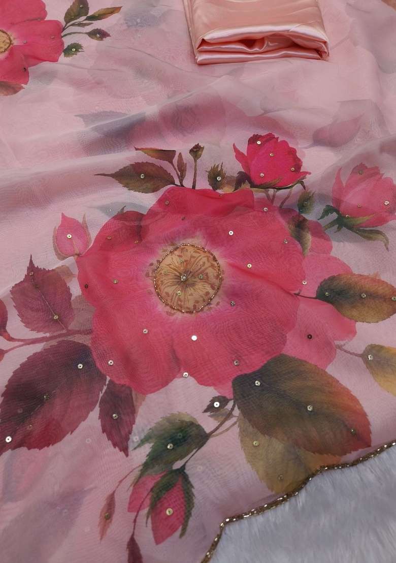Peach Embroidered Silk Saree Set - Indya