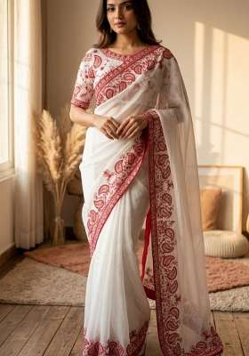 White Embroidered Silk Saree Set