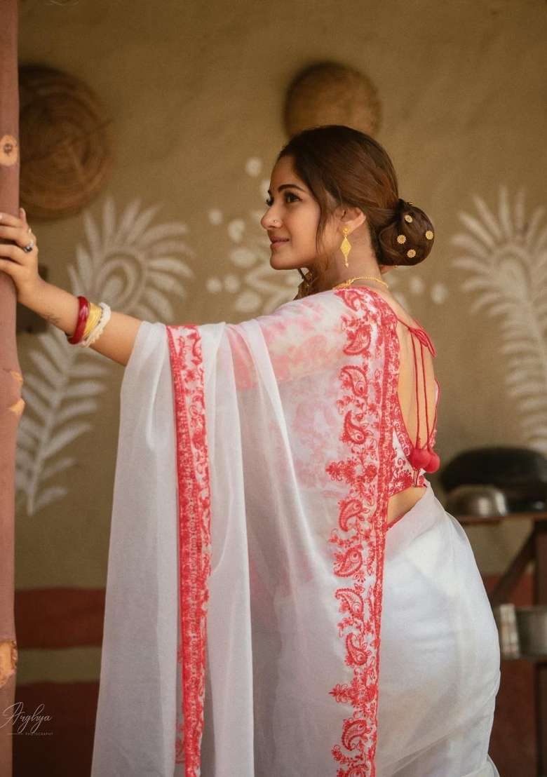 White Embroidered Silk Saree Set - Indya