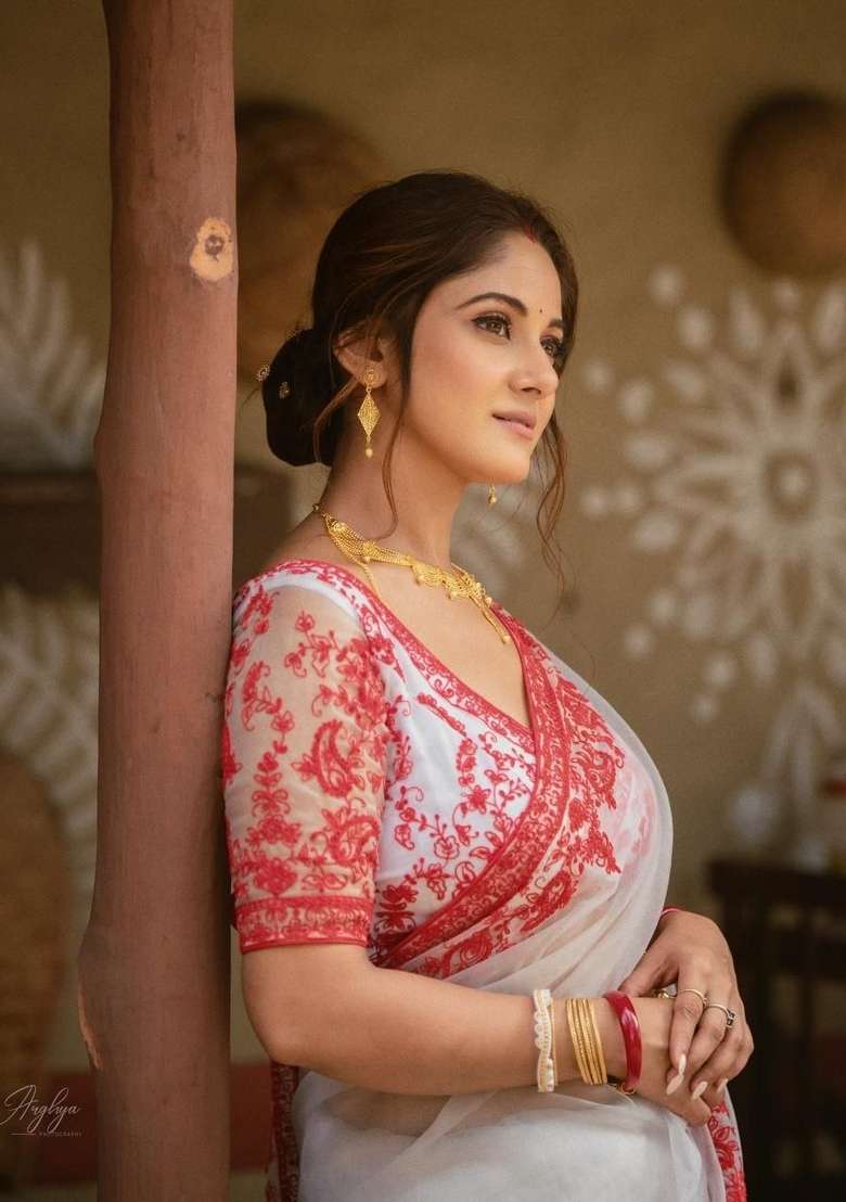 White Embroidered Silk Saree Set - Indya
