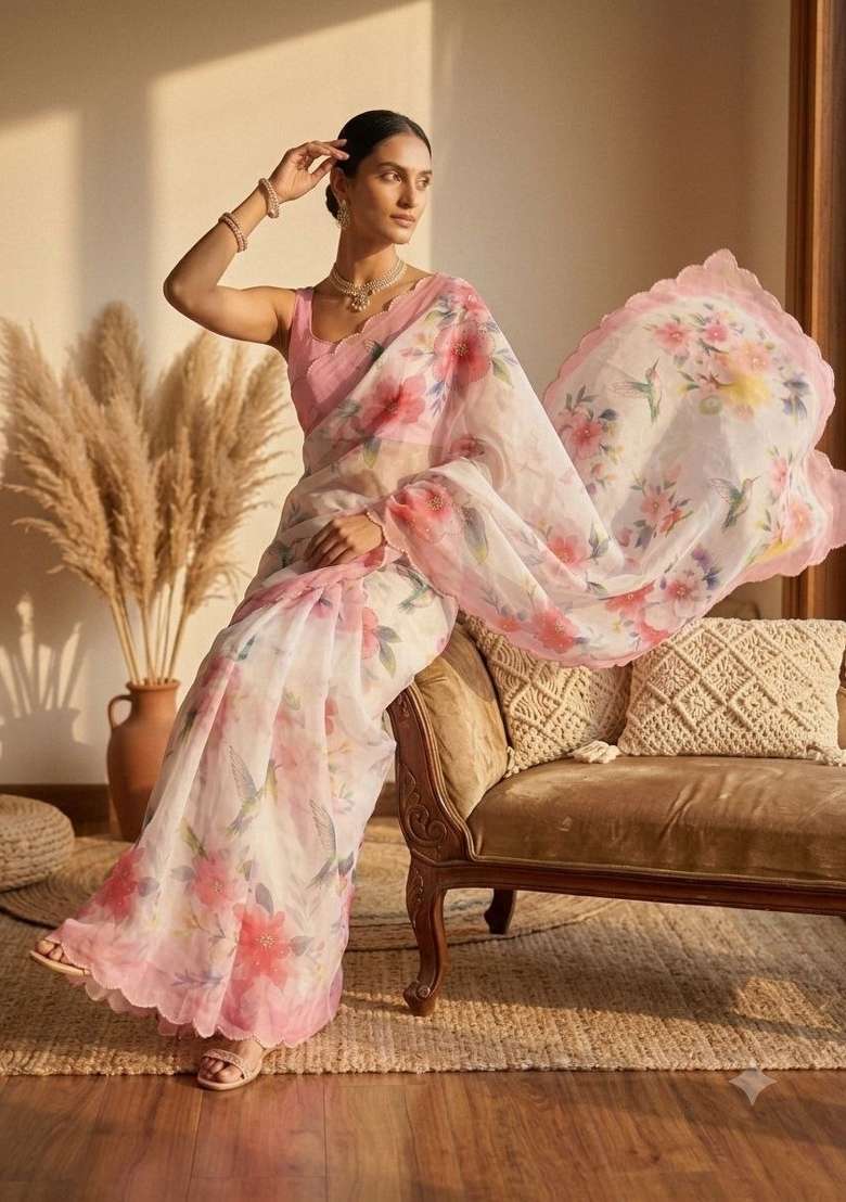 Multicolor Embroidered Silk Saree Set - Indya