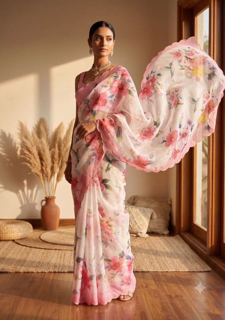 Multicolor Embroidered Silk Saree Set - Indya