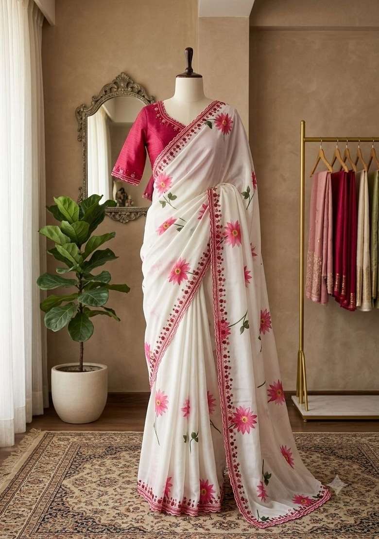 White Embroidered Silk Saree Set - Indya
