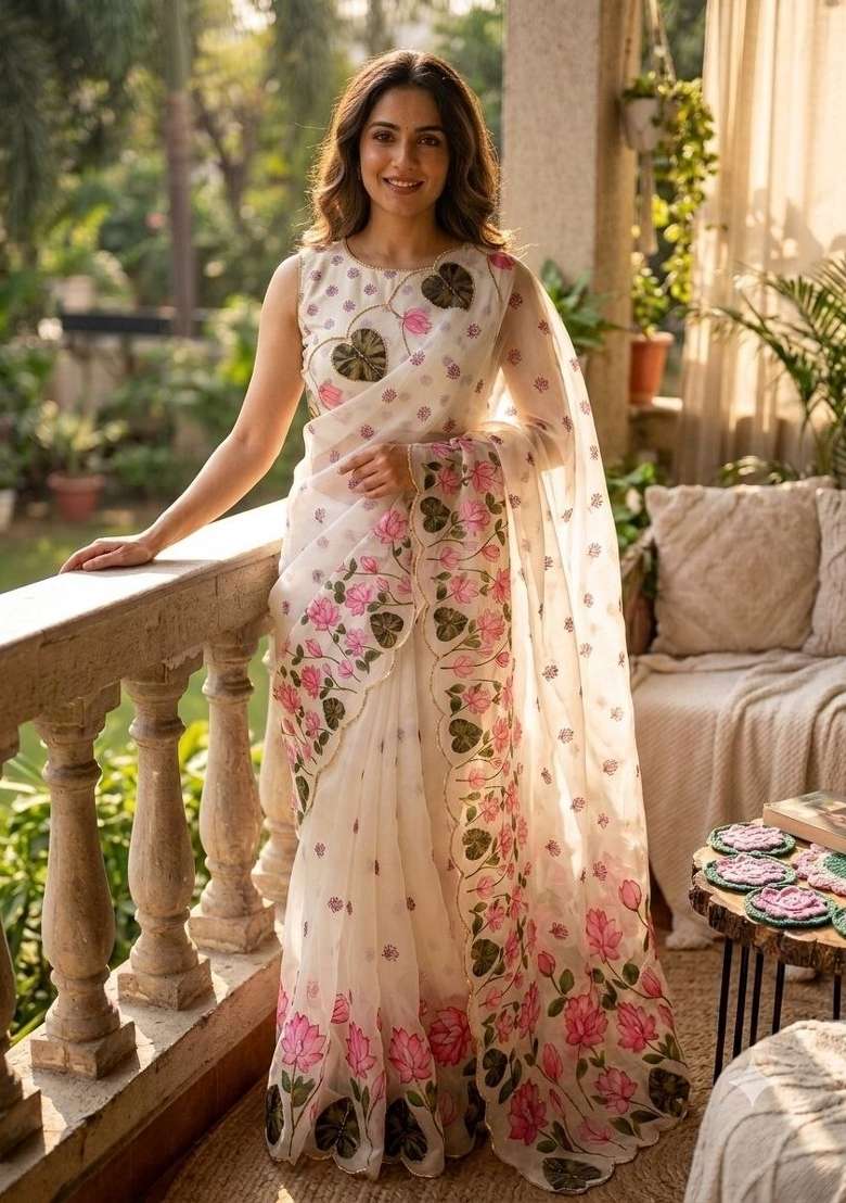 Multicolor Embroidered Silk Saree Set - Indya