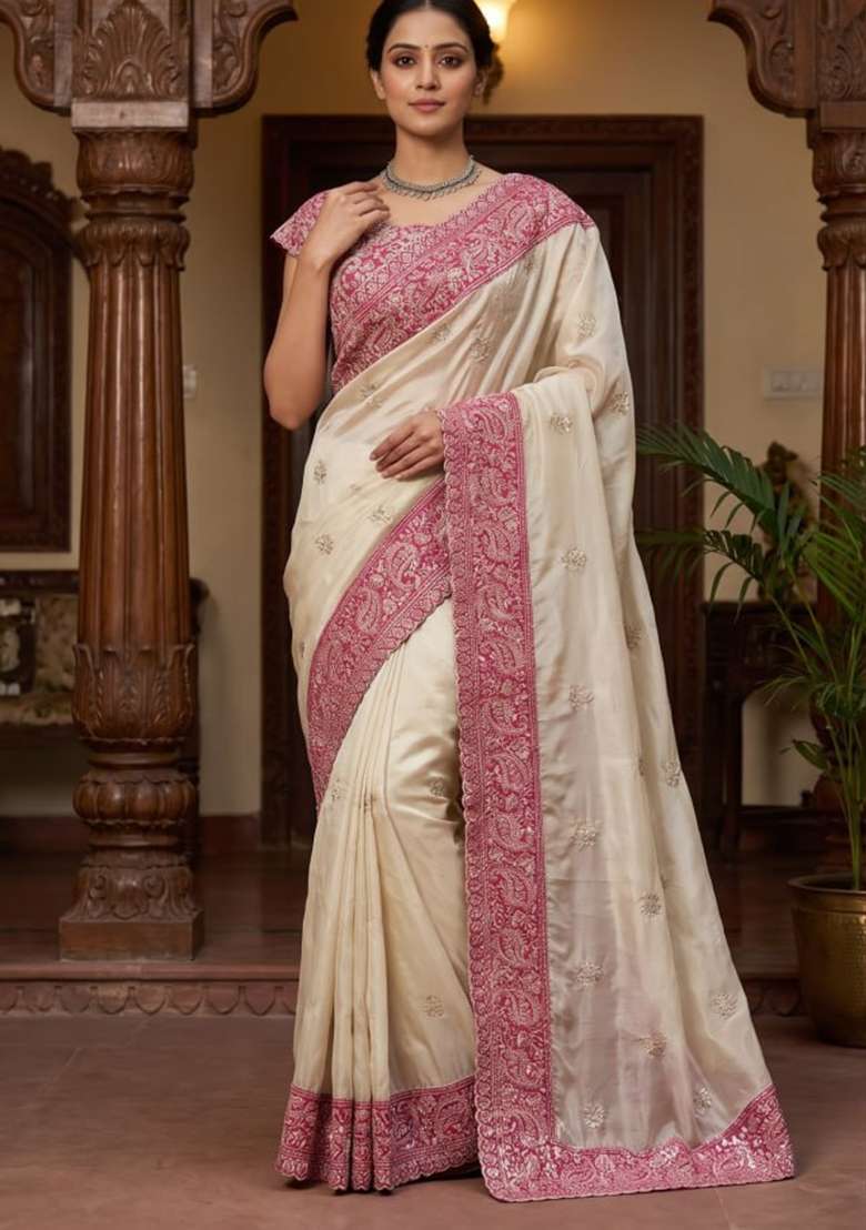 Cream Embroidered Rangoli Saree Set - Indya