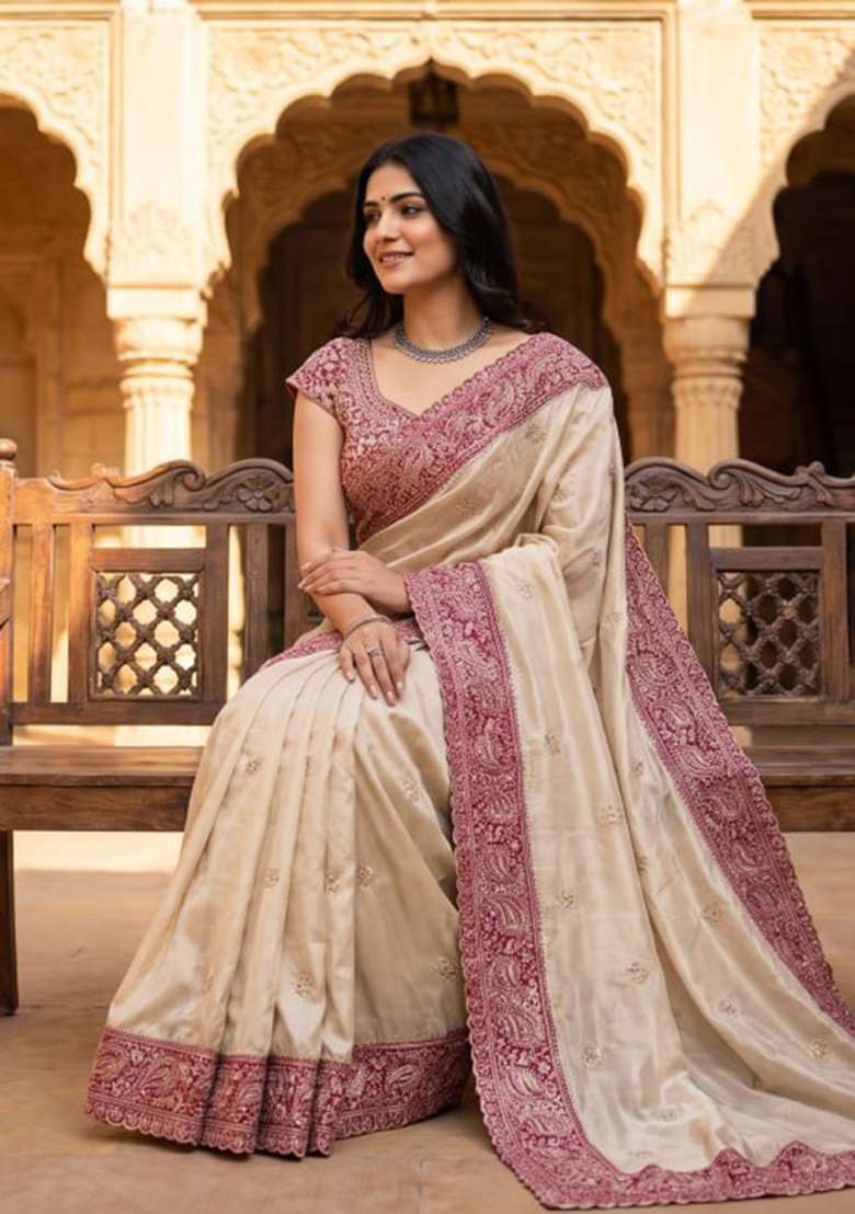 Cream Embroidered Rangoli Saree Set - Indya