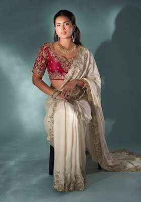 Off White Embroidered Rangoli Saree Set