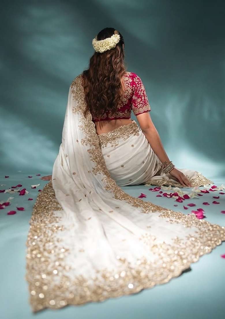 Off White Embroidered Rangoli Saree Set - Indya