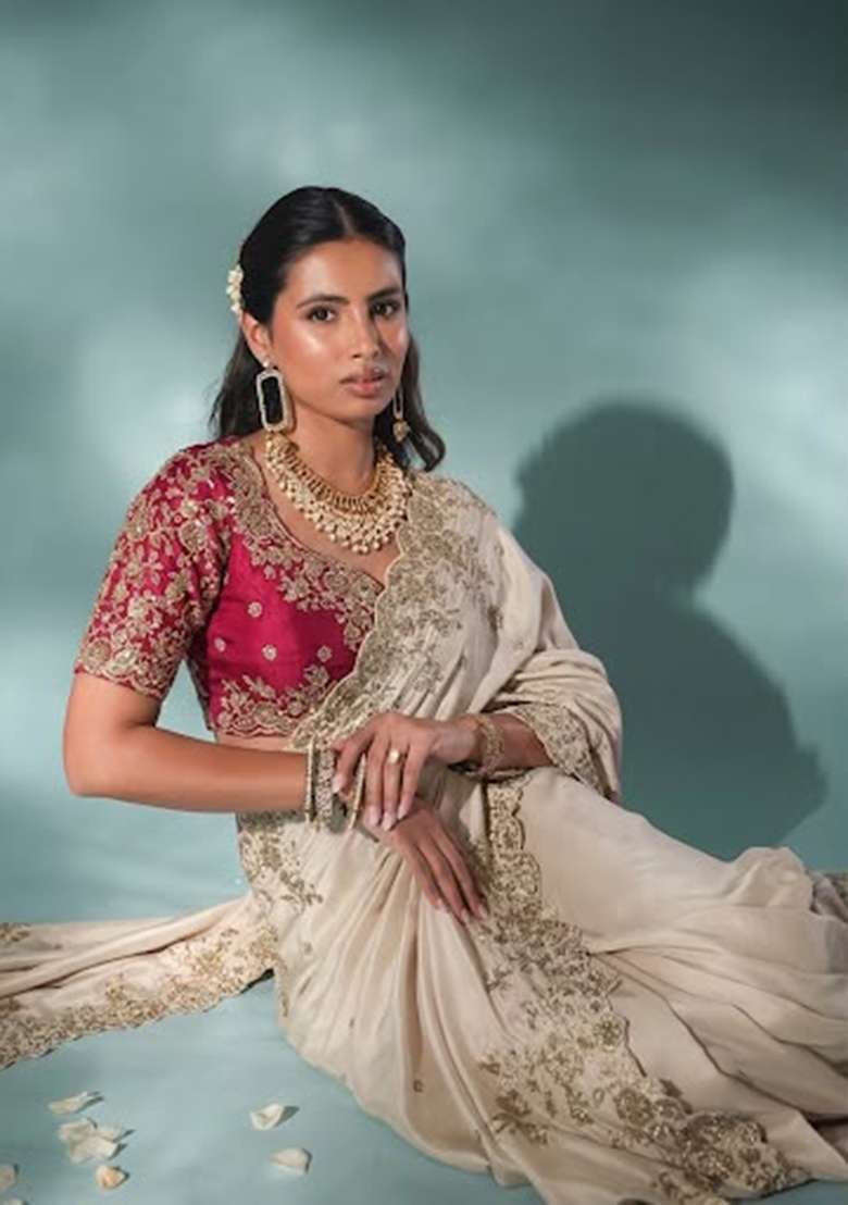 Off White Embroidered Rangoli Saree Set - Indya
