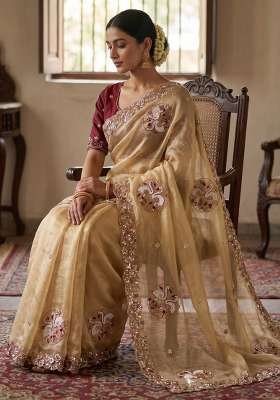 Golden Embroidered Silk Saree Set