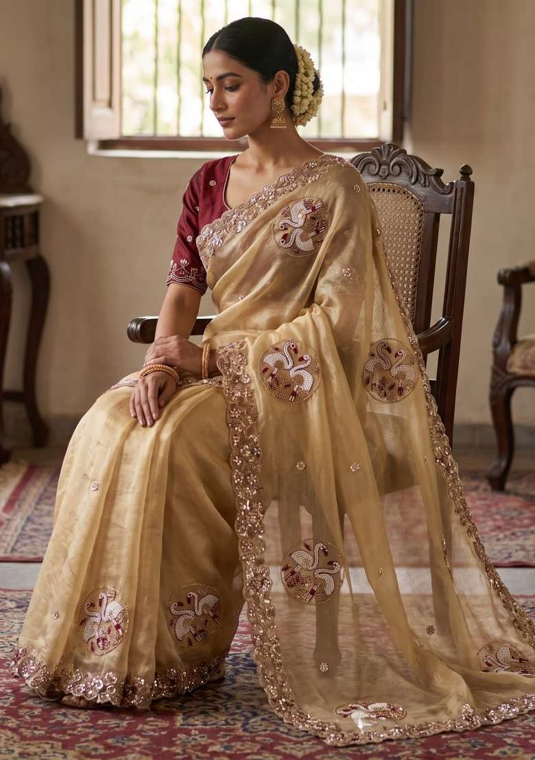 Golden Embroidered Silk Saree Set - Indya