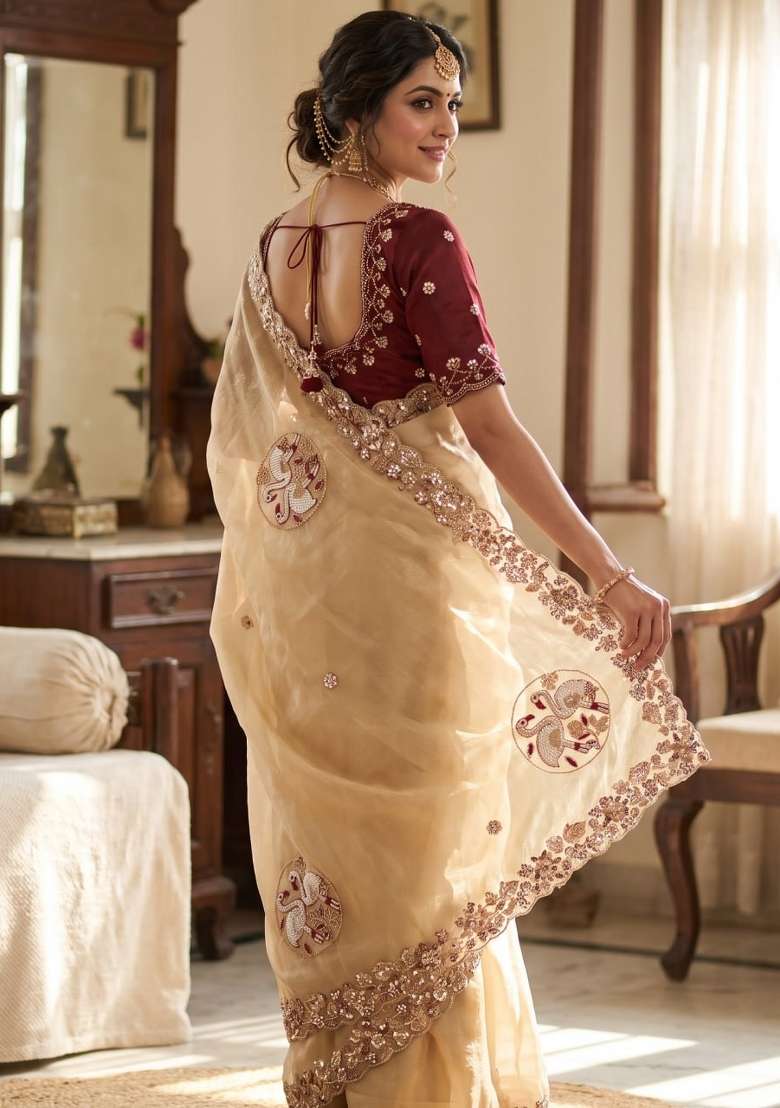 Golden Embroidered Silk Saree Set - Indya