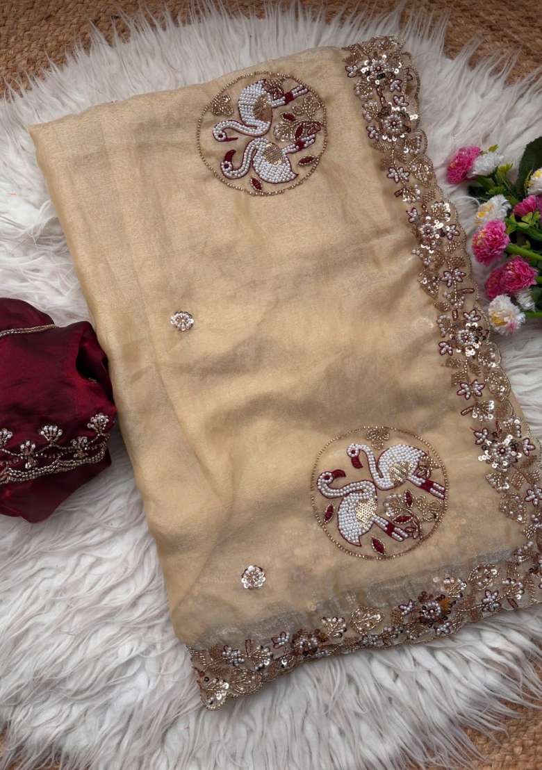 Golden Embroidered Silk Saree Set - Indya