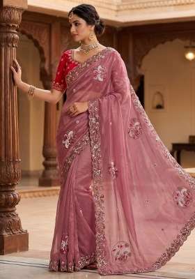 Pink Embroidered Silk Saree Set