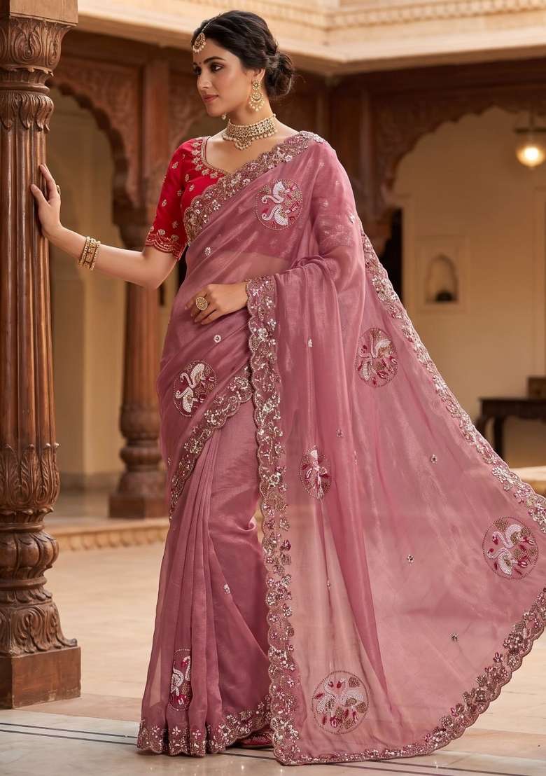 Pink Embroidered Silk Saree Set - Indya