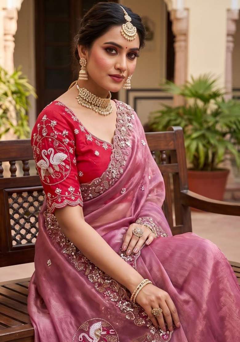 Pink Embroidered Silk Saree Set - Indya