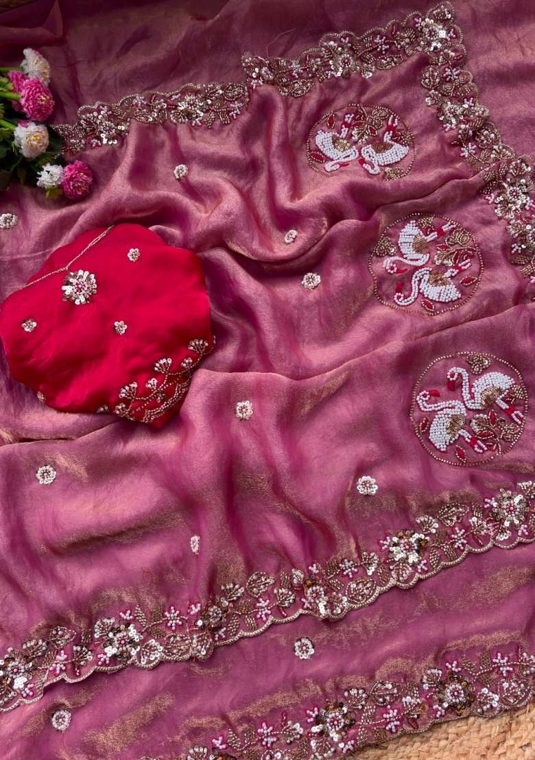 Pink Embroidered Silk Saree Set - Indya