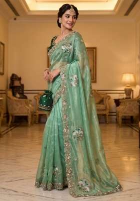 Pista Embroidered Silk Saree Set