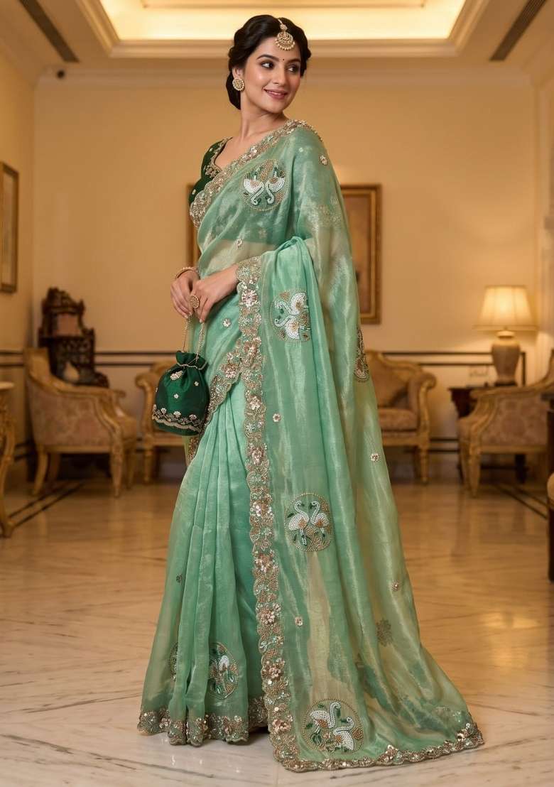 Pista Embroidered Silk Saree Set - Indya