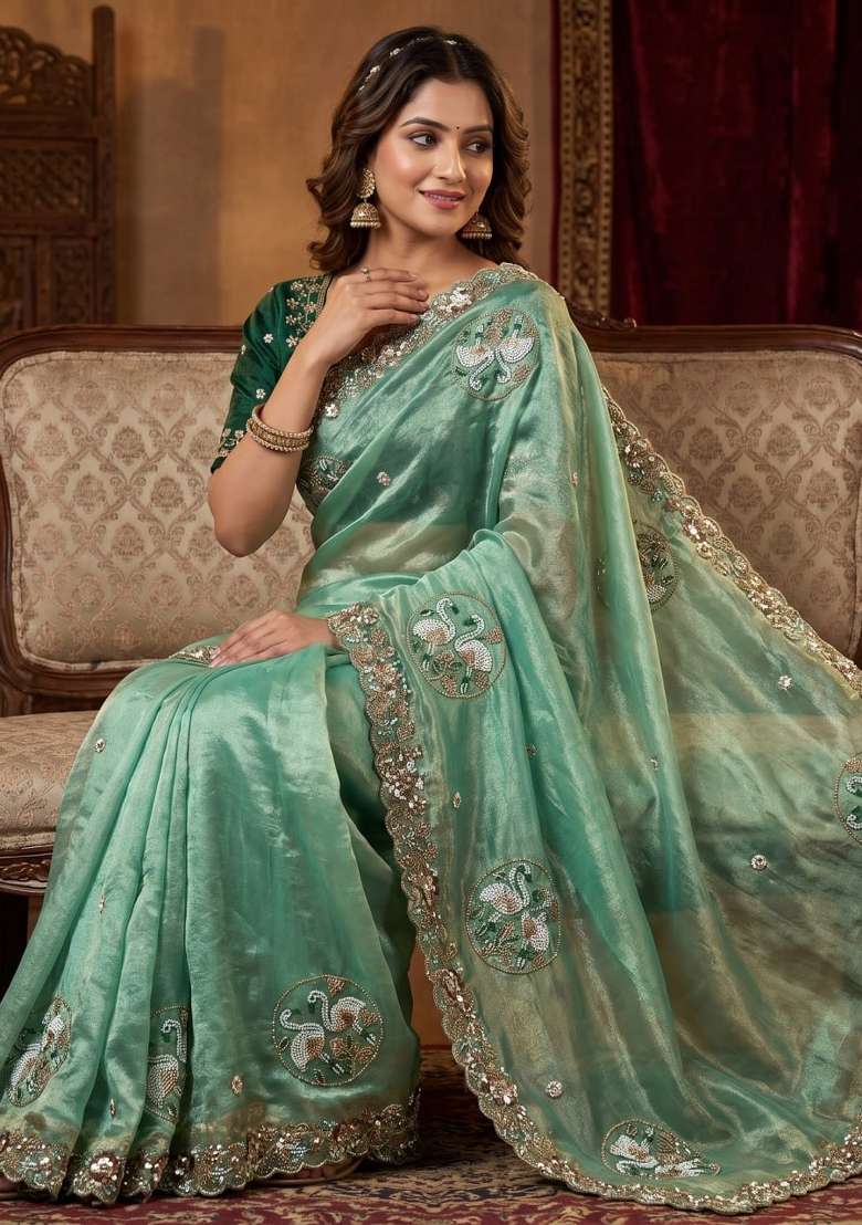 Pista Embroidered Silk Saree Set - Indya