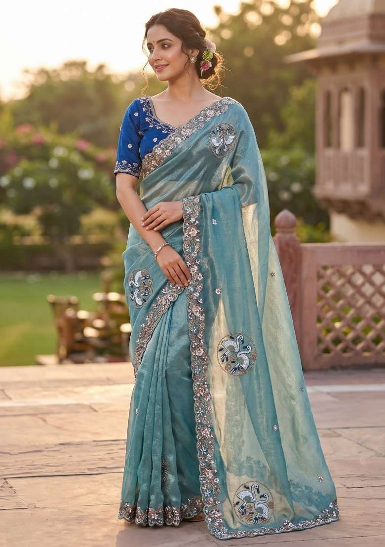 Sky Blue Embroidered Silk Saree Set - Indya
