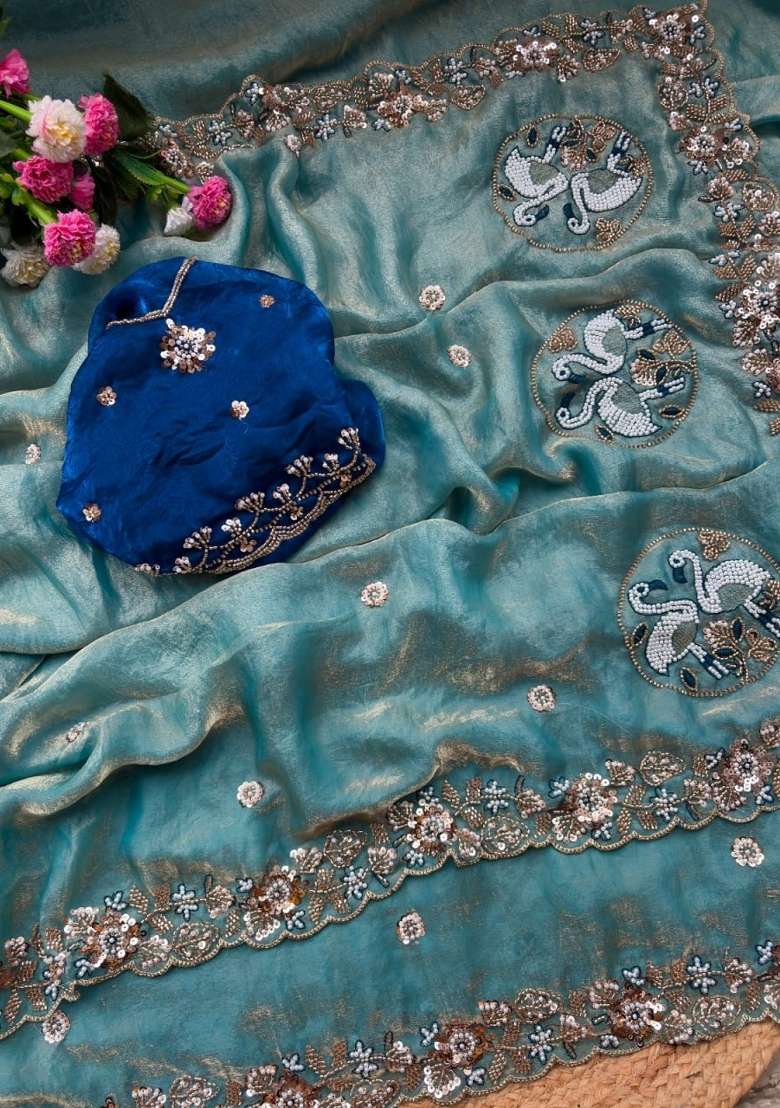 Sky Blue Embroidered Silk Saree Set - Indya