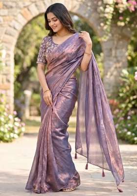 Grey Embroidered Silk Saree Set