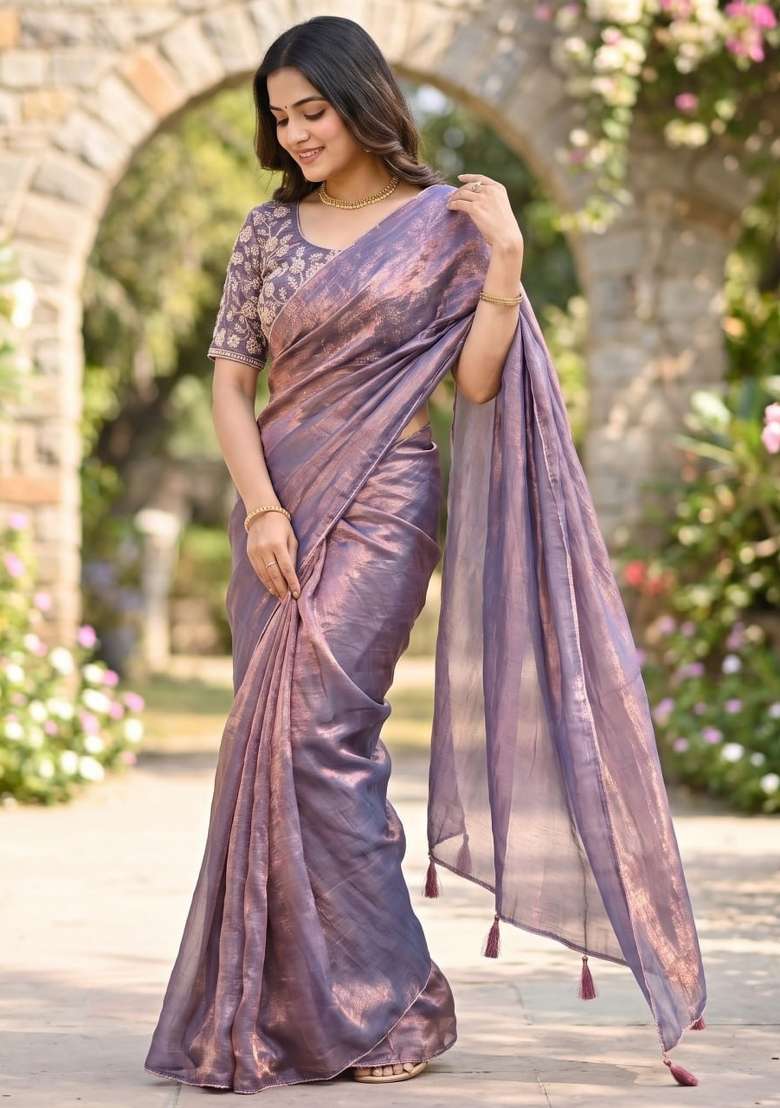 Grey Embroidered Silk Saree Set - Indya