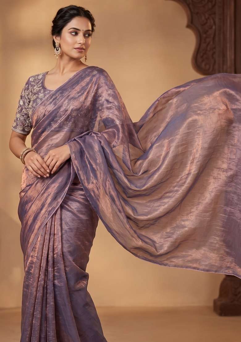 Grey Embroidered Silk Saree Set - Indya