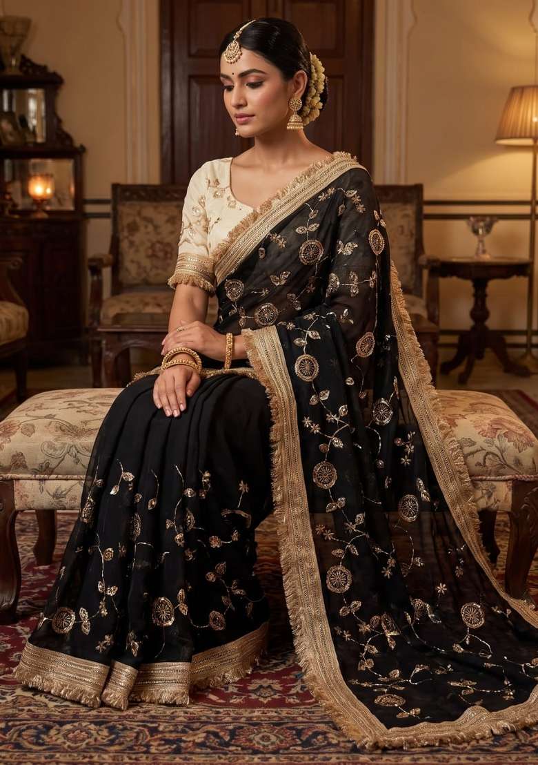 Black Embroidered Silk Saree Set - Indya