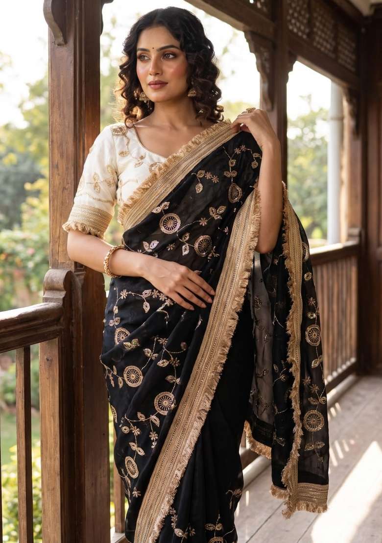 Black Embroidered Silk Saree Set - Indya
