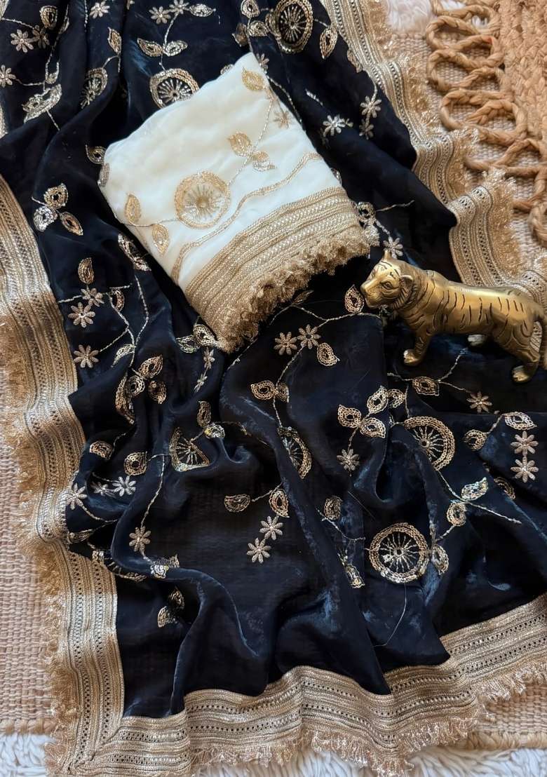 Black Embroidered Silk Saree Set - Indya