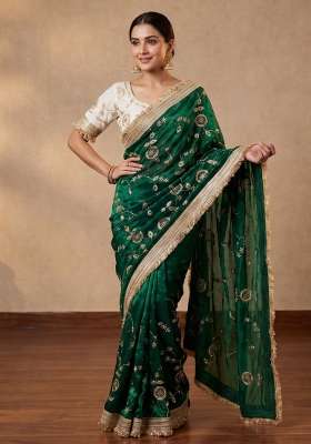 Green Embroidered Silk Saree Set